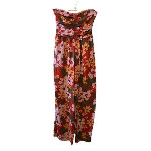 Tropical Floral Strapless Jumpsuit Long Pants Ruched Bodice Red Yellow Summer M